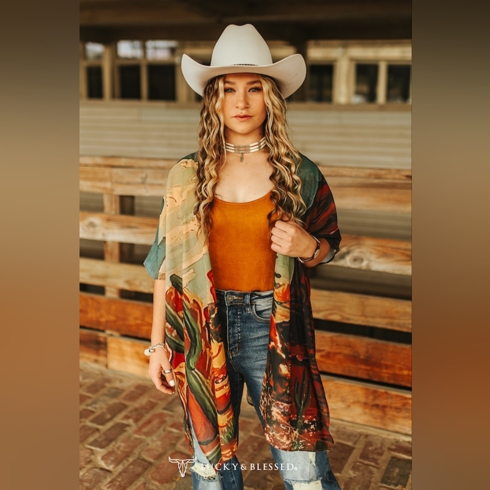 NWT Lucky & Blessed Brown Western Desert Kimono Duster Cardigan